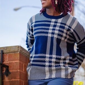 Joseph A Navy and Gray Plaid Crewneck Sweater NWT